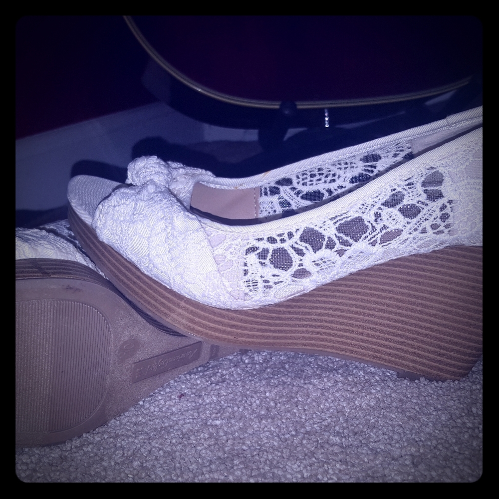 Cute white wedge high heels with lace and bow
